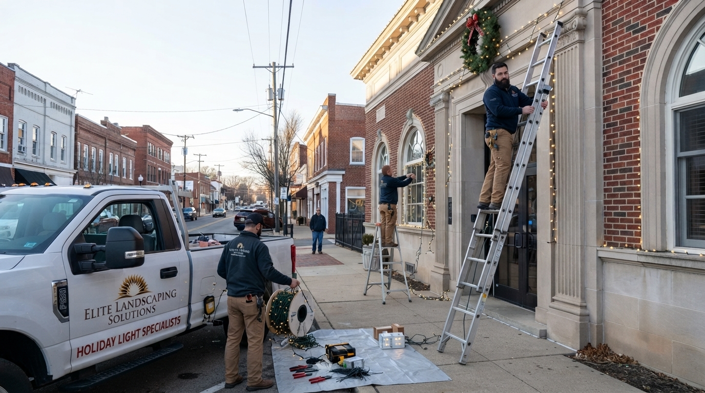 Holiday lighting installation at a commercial property