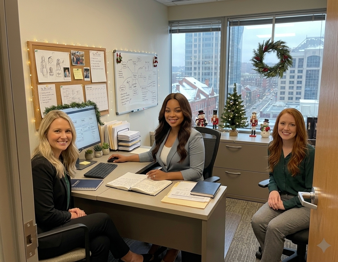 Holiday Light Girls working in the office
